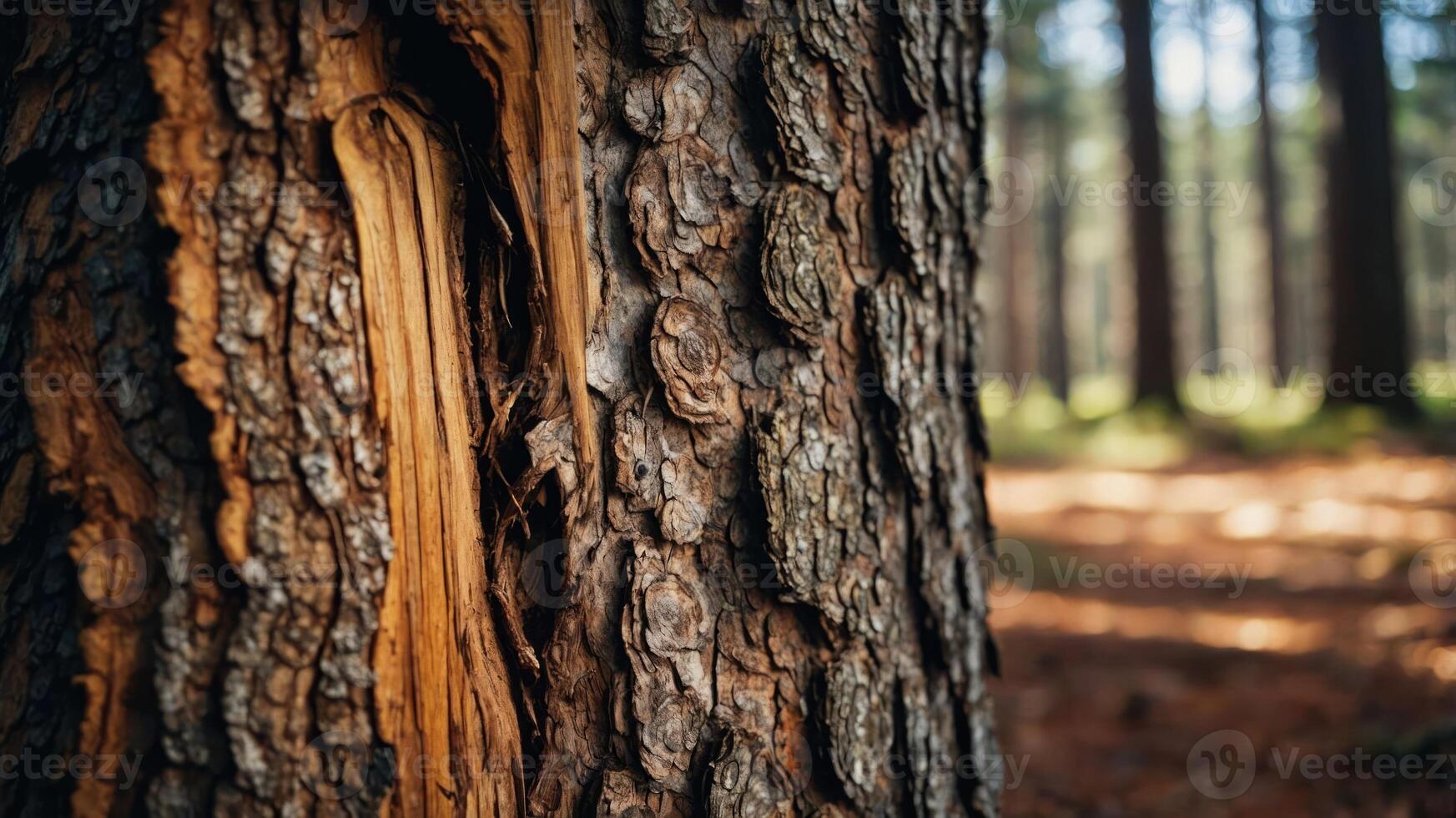 Close-up of tree bark with a blurred forest background, showcasing nature's textures. photo