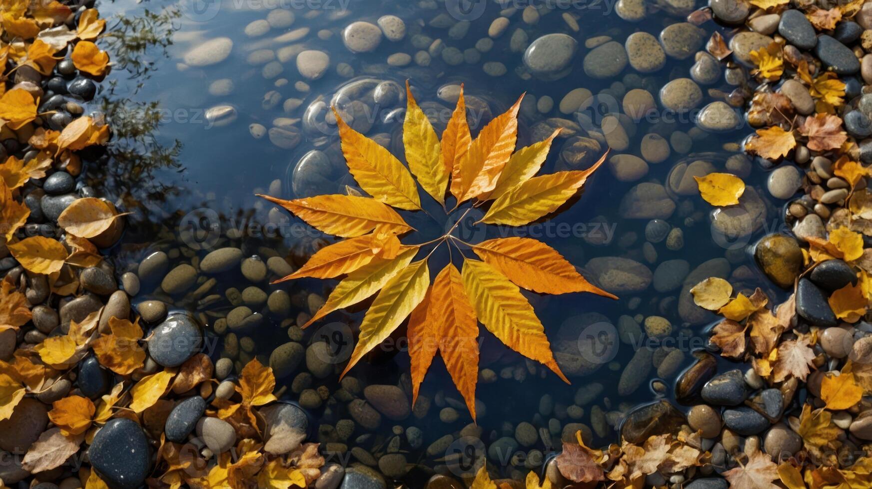 A serene arrangement of autumn leaves floating on water, surrounded by smooth pebbles. photo