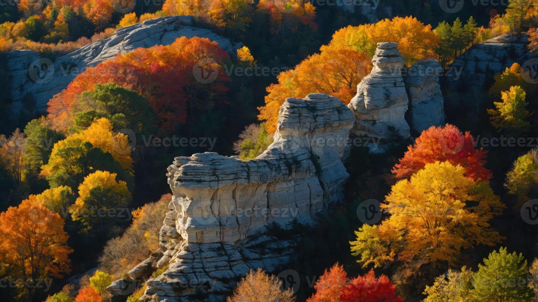 A scenic view of colorful autumn foliage surrounding unique rock formations. photo