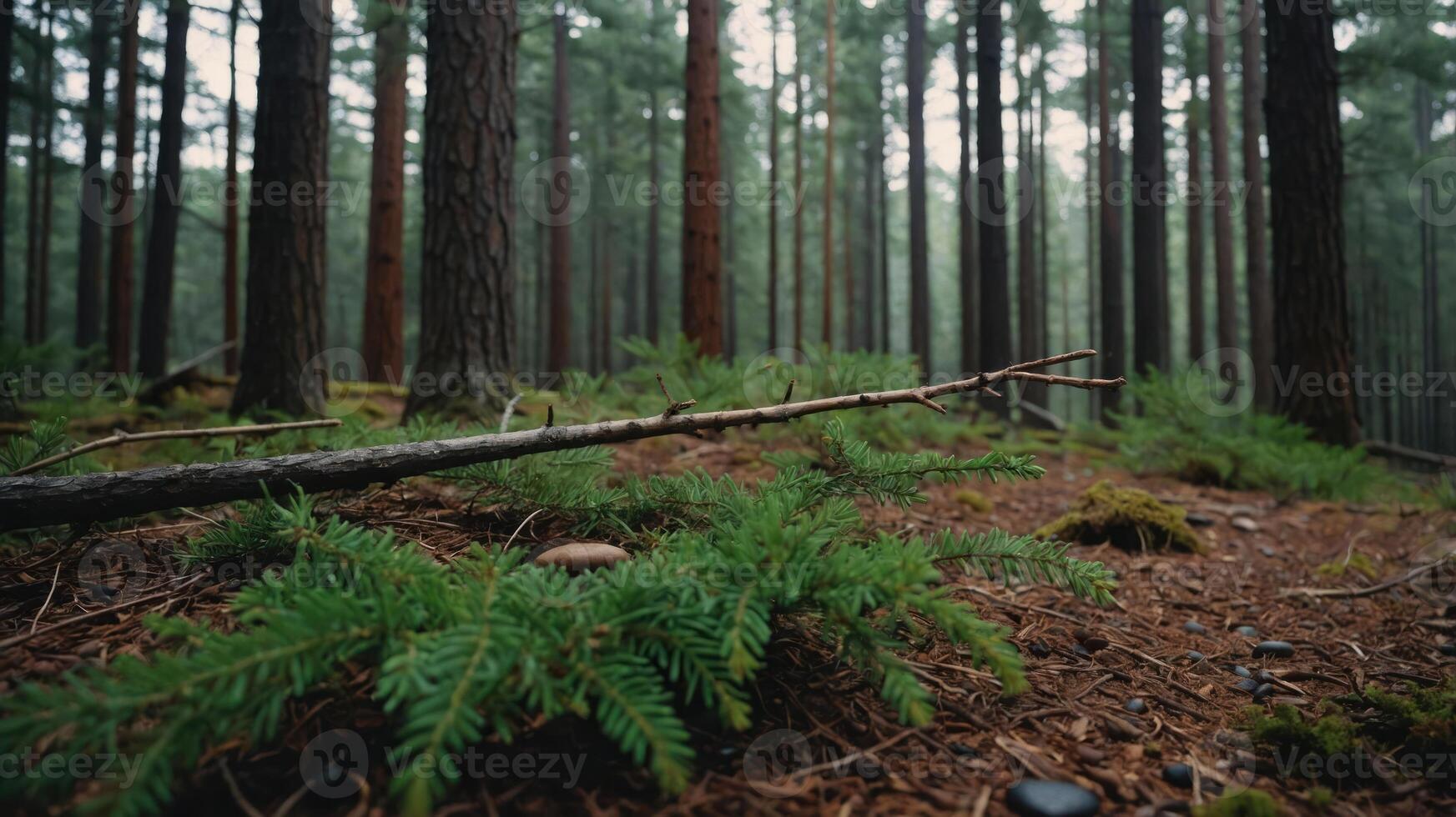 A serene forest scene with tall trees and a carpet of greenery on the forest floor. photo