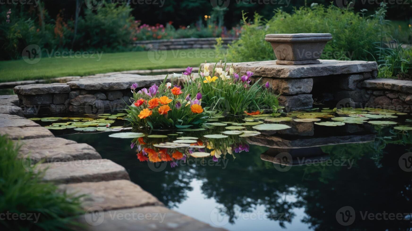 A tranquil garden pond with colorful flowers and lily pads reflecting in the water. photo