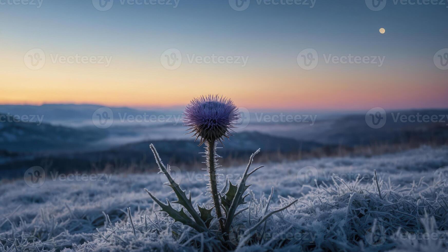 A solitary purple flower stands in a frosty landscape at dawn, highlighting nature's beauty. photo