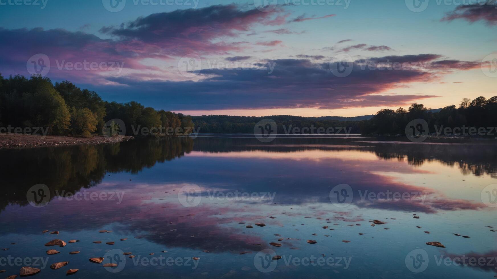 Serene sunset over a calm lake, reflecting vibrant colors and surrounding trees. photo