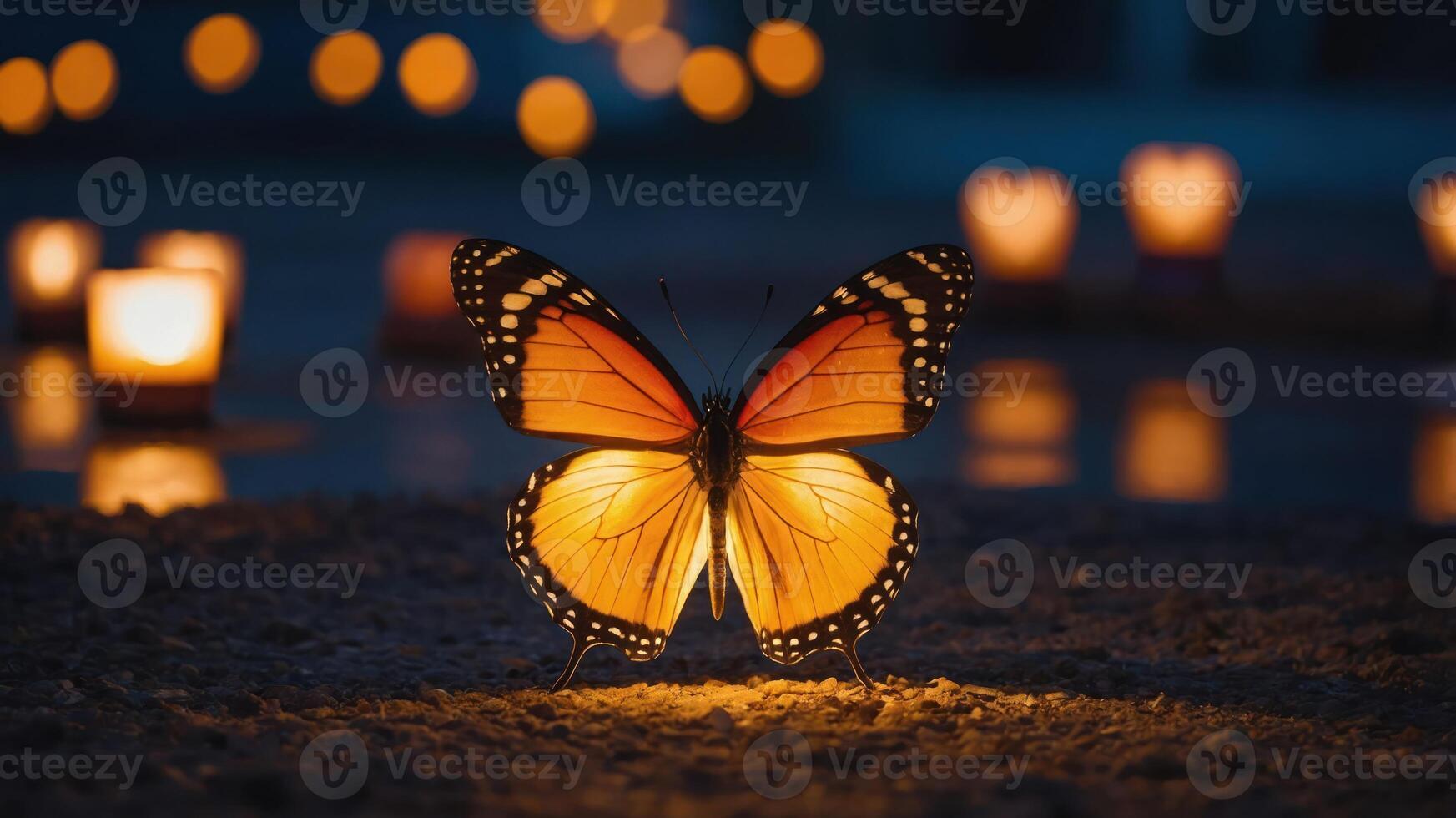 A glowing butterfly illuminated by candles in a serene setting. photo