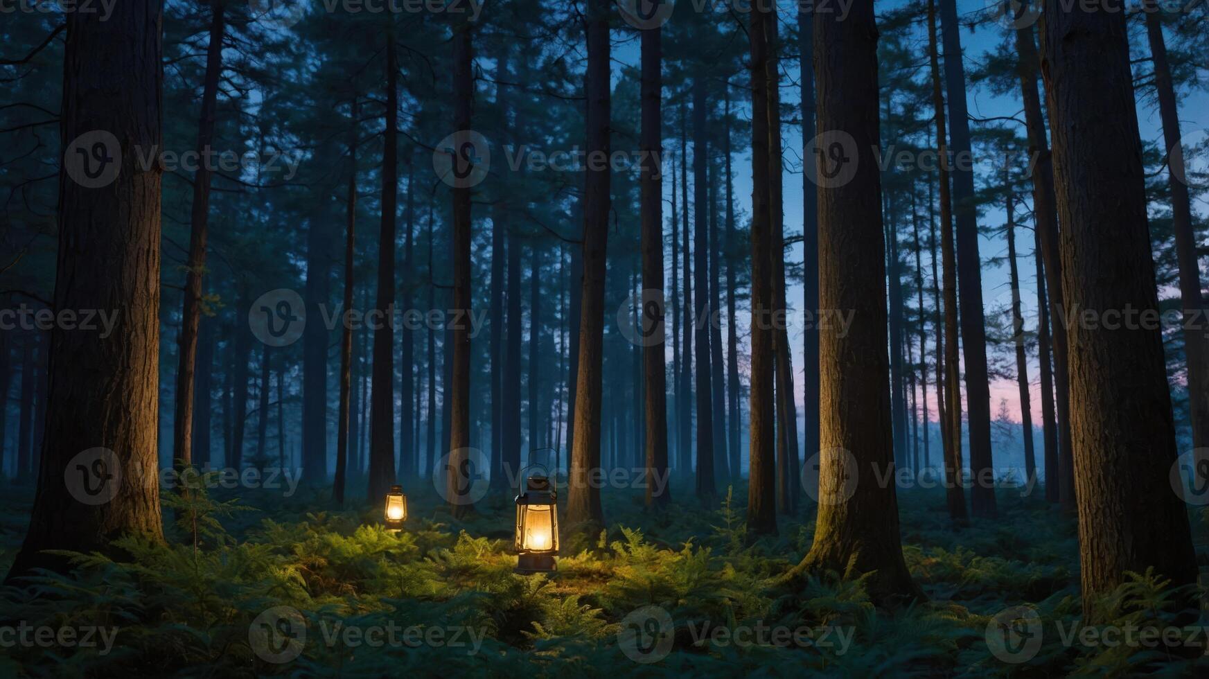 A serene forest scene illuminated by lanterns at dusk, creating a peaceful atmosphere. photo