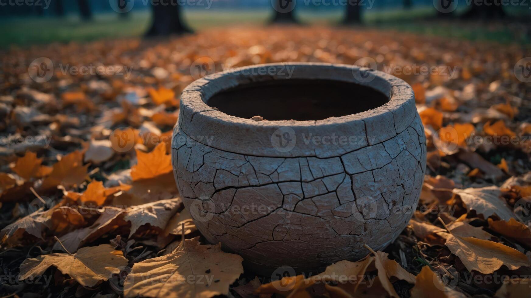 A cracked pottery bowl rests among fallen leaves in a tranquil outdoor setting. photo