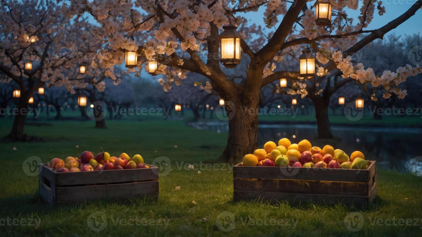 A serene orchard at dusk, featuring crates of colorful apples under blooming trees and lanterns. photo