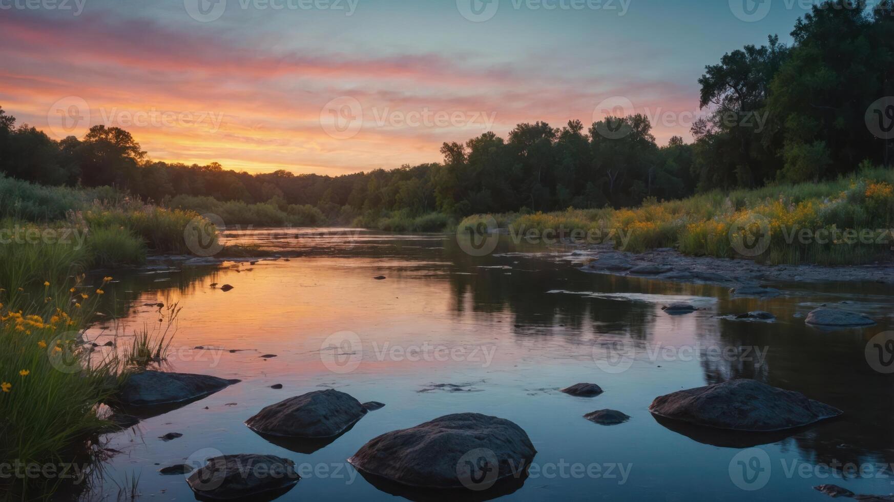 A serene river landscape at sunset, featuring rocks and lush greenery. photo