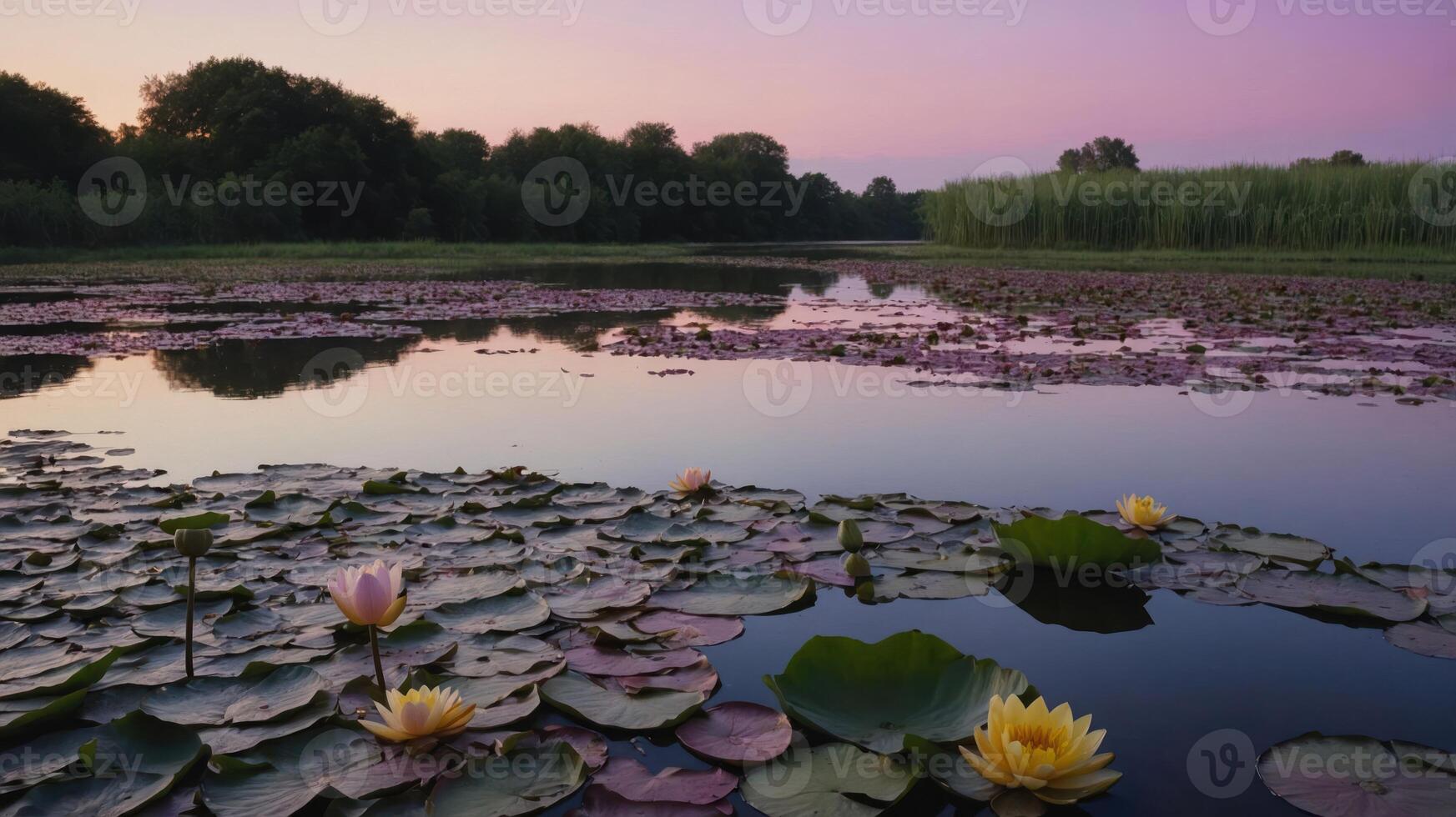 Tranquil pond scene at dusk with water lilies and reflections in still water. photo