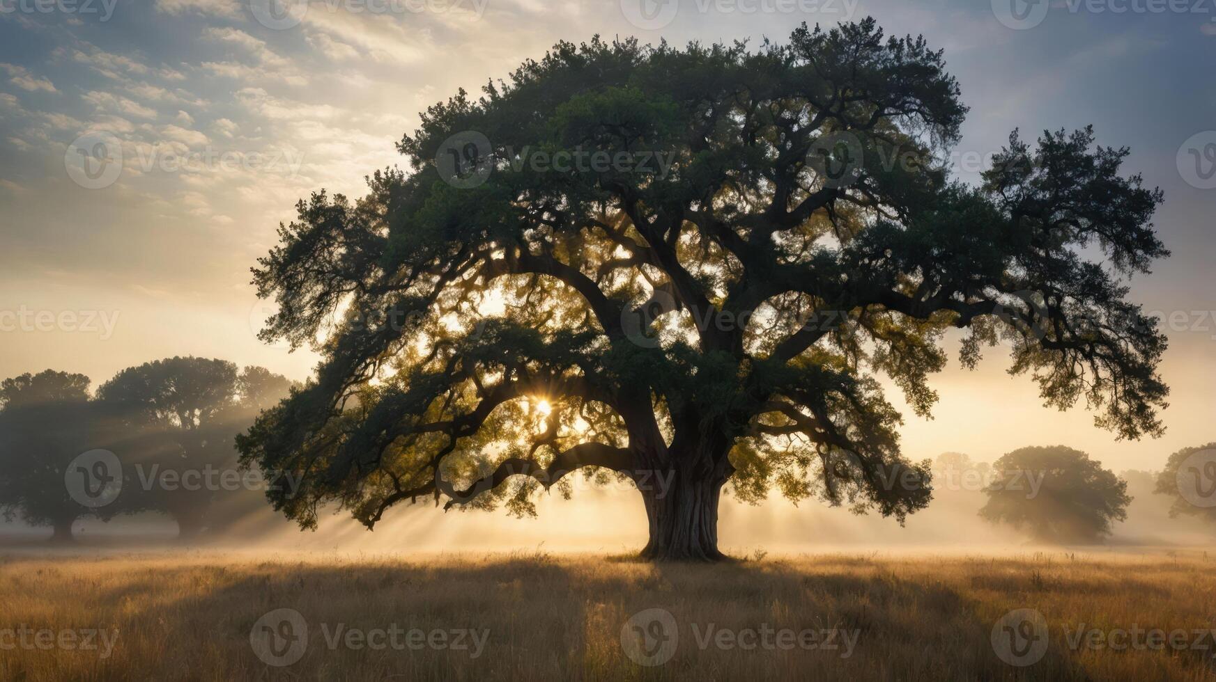 A majestic tree stands in a misty landscape, illuminated by the sunrise. photo