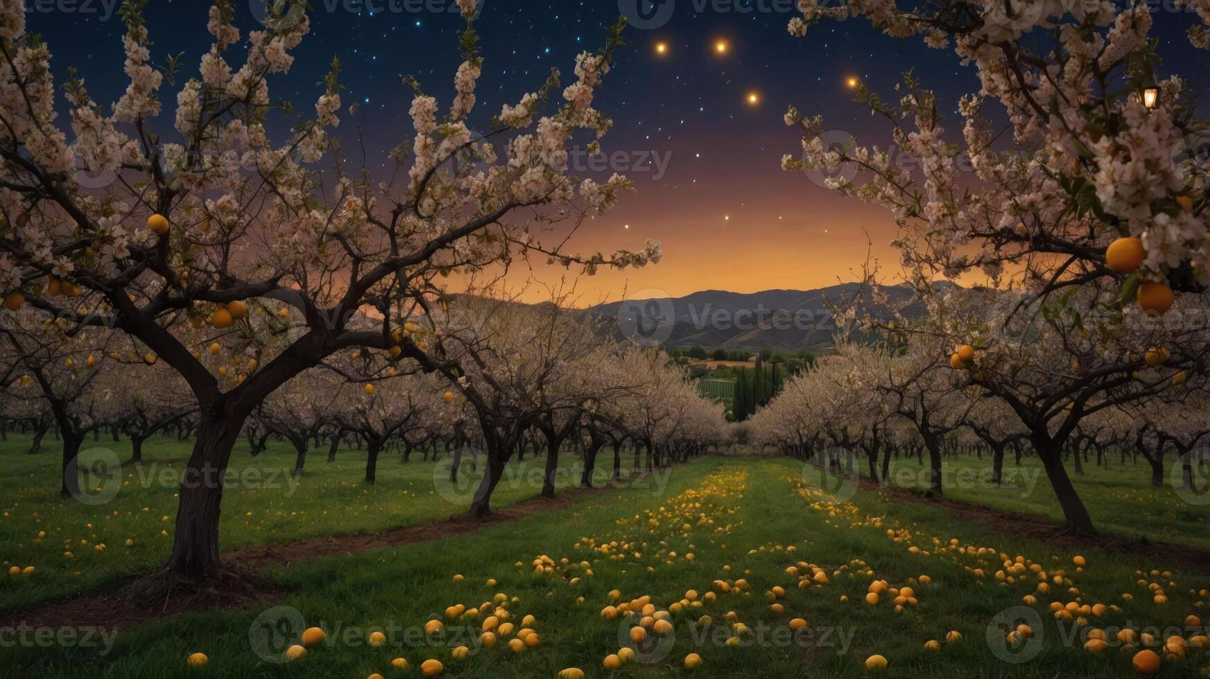 A serene orchard at dusk, filled with blooming trees and scattered flowers under a starry sky. photo