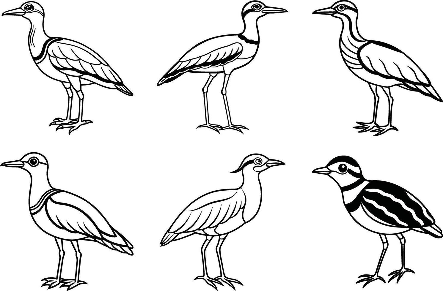a set of six different birds, including a heron, a stork, a crane and vector