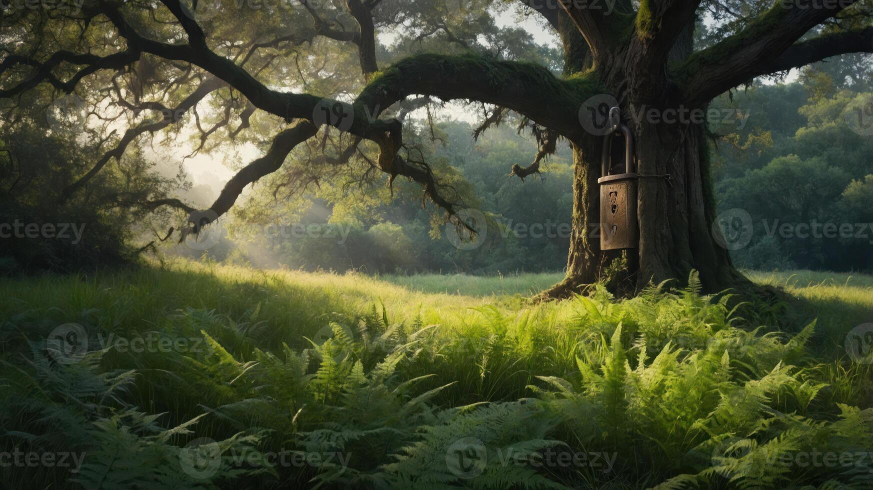 A majestic tree stands in a serene landscape, surrounded by ferns and bathed in soft light. photo