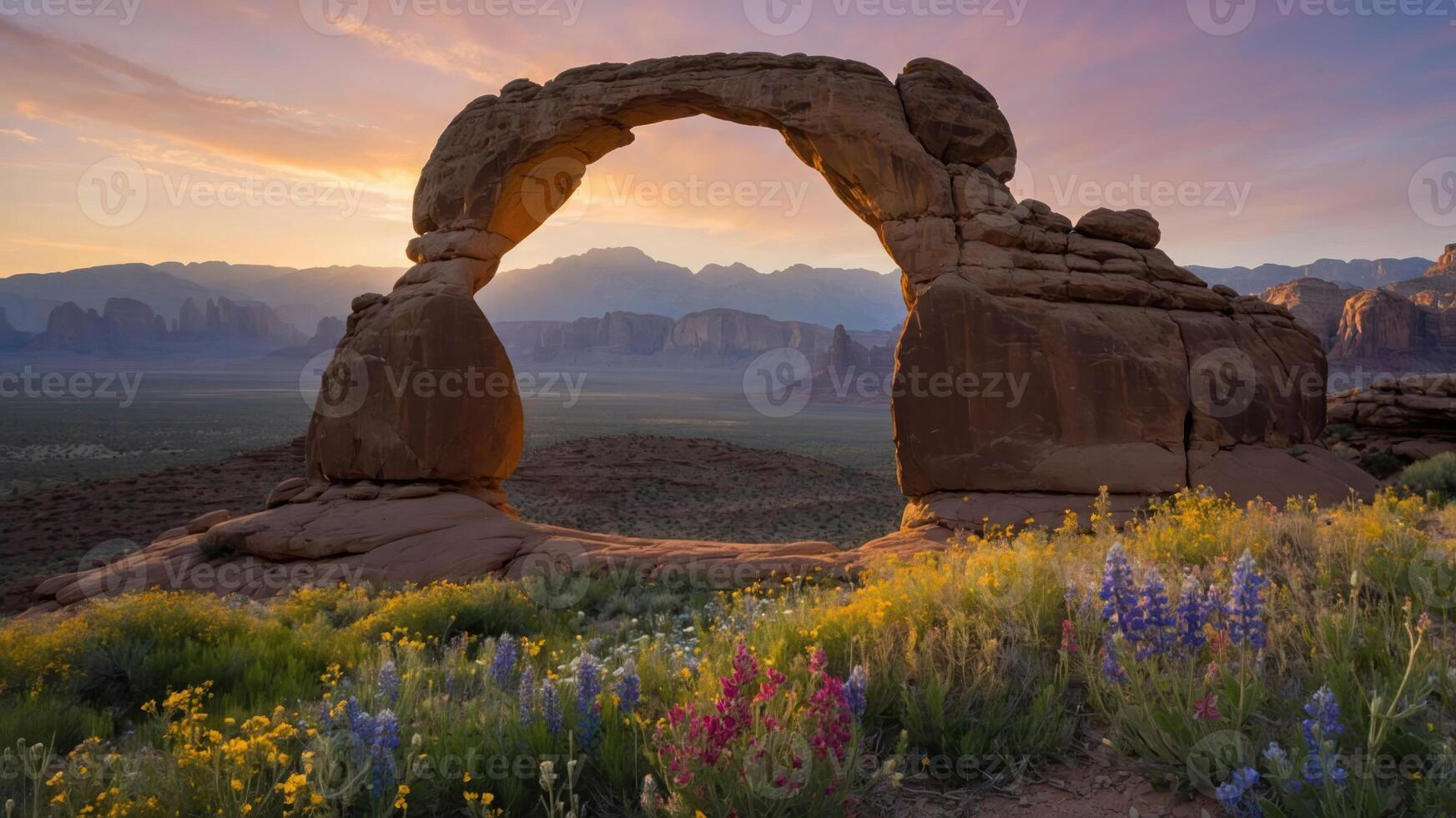 A stunning natural arch surrounded by vibrant flowers and mountains at sunrise. photo
