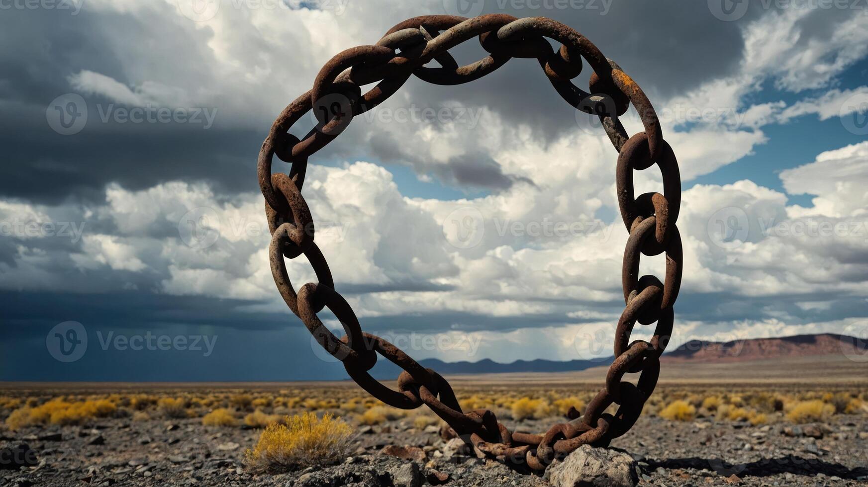 A large, rusted chain forms a heart shape against a dramatic sky in a barren landscape. photo