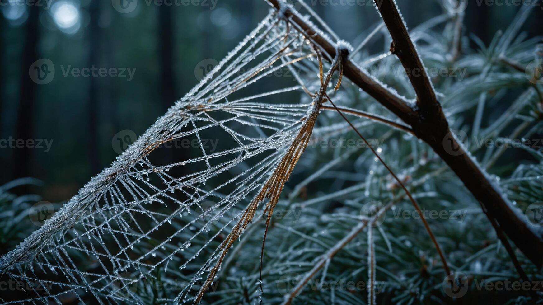 A close-up of a frosty spiderweb on a branch in a misty forest. photo