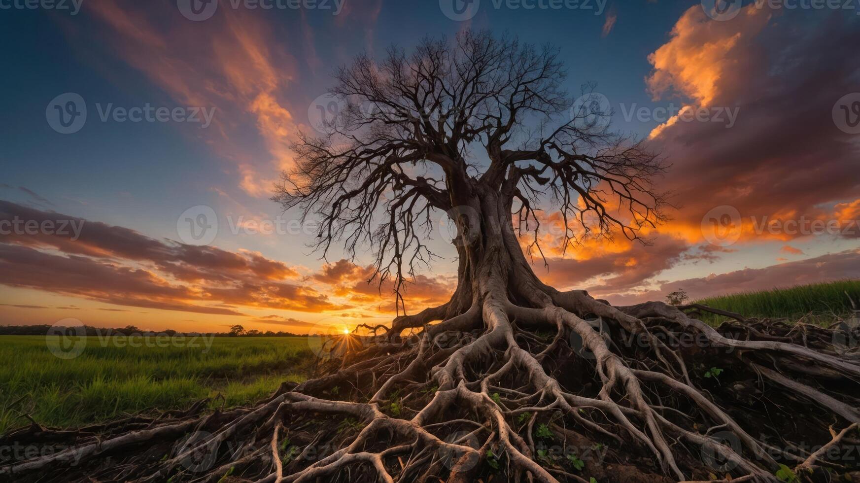 A majestic tree with intricate roots silhouetted against a vibrant sunset sky. photo