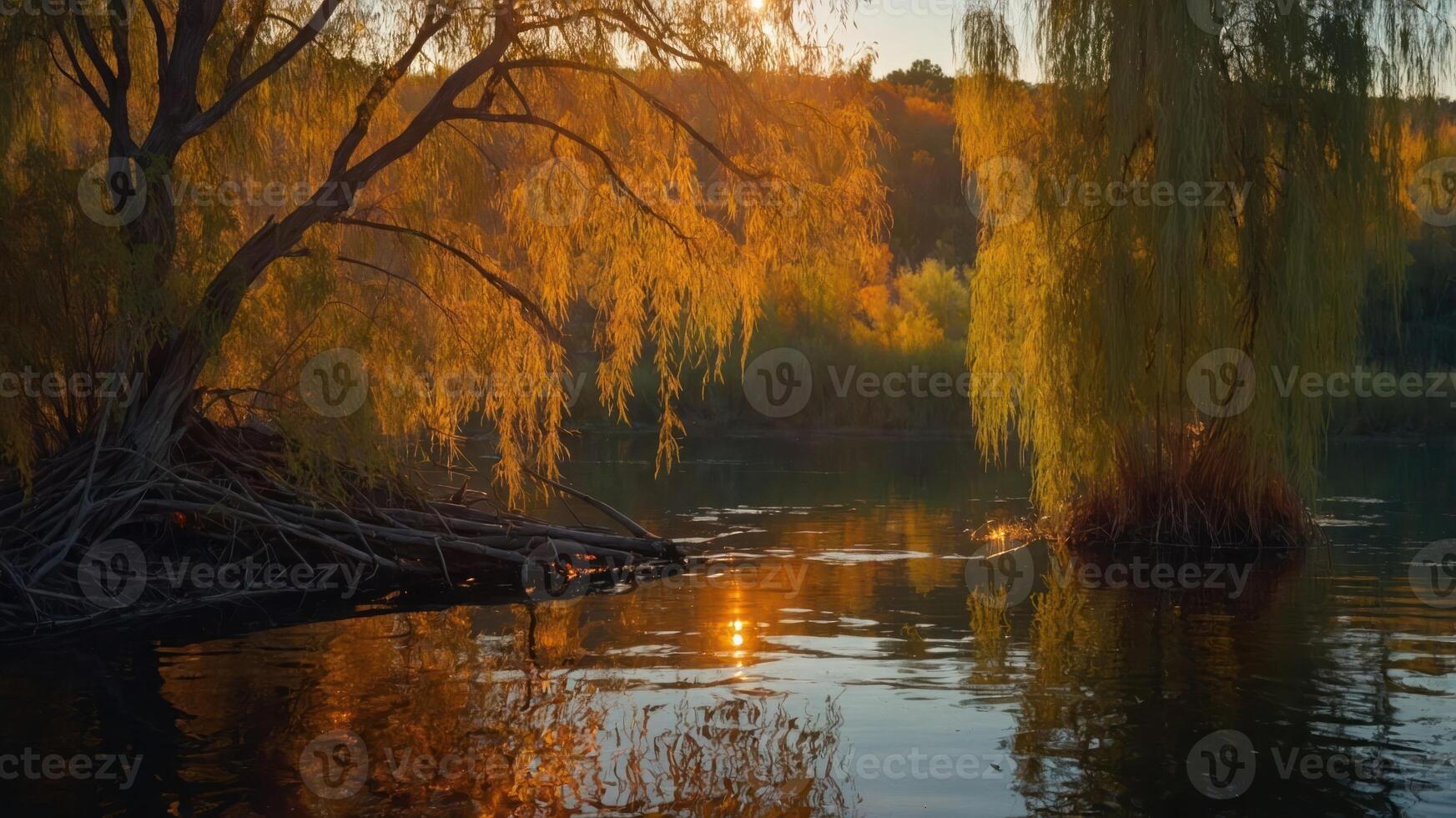 A serene sunset reflecting on a calm river surrounded by willow trees. photo