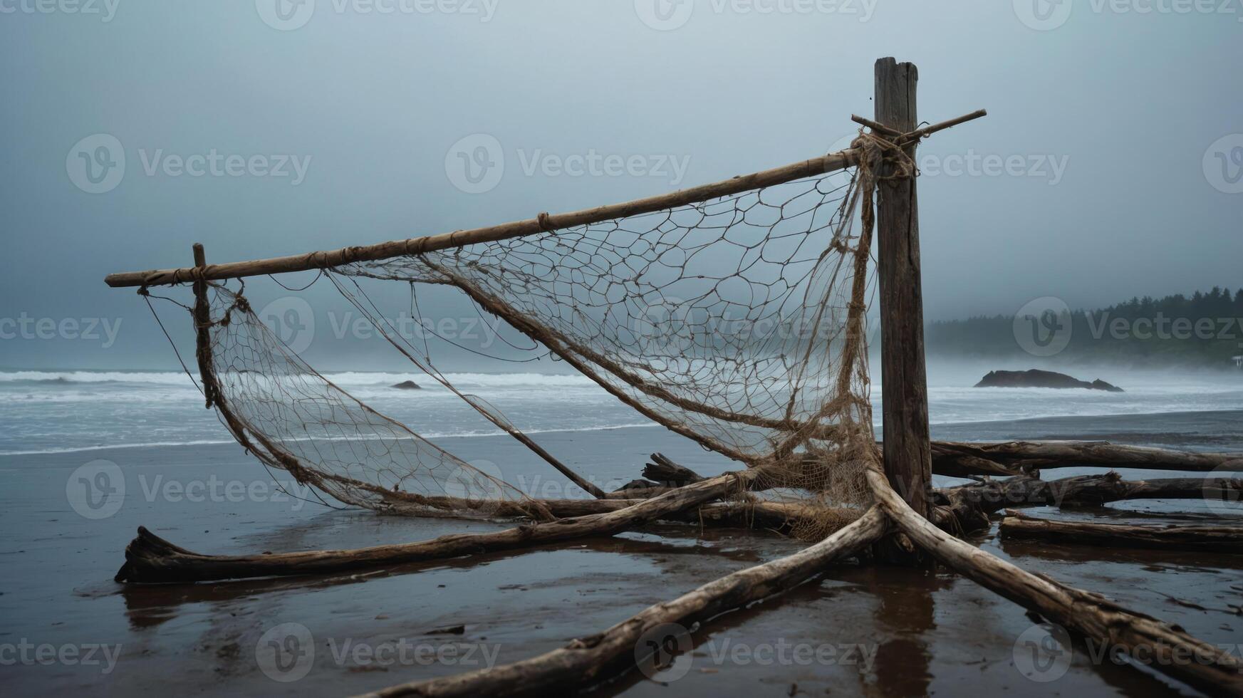 A weathered fishing net structure on a misty beach with waves in the background. photo