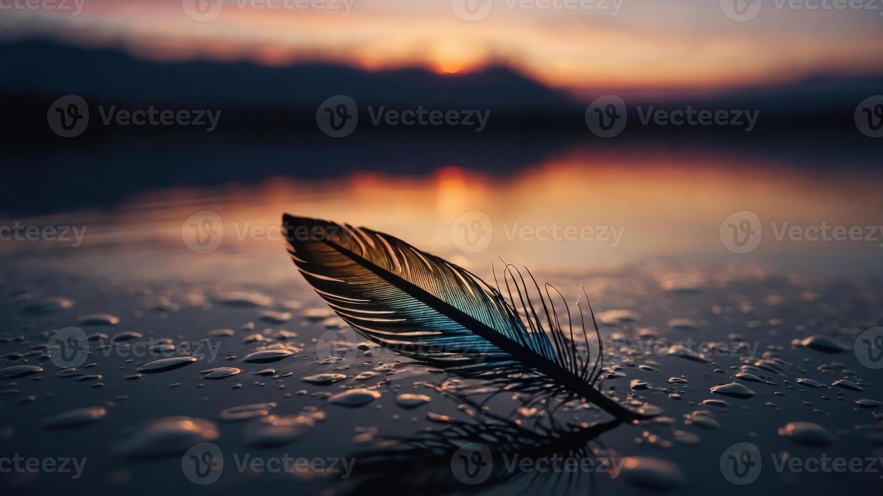 A colorful feather resting on a wet surface, reflecting a serene sunset. photo