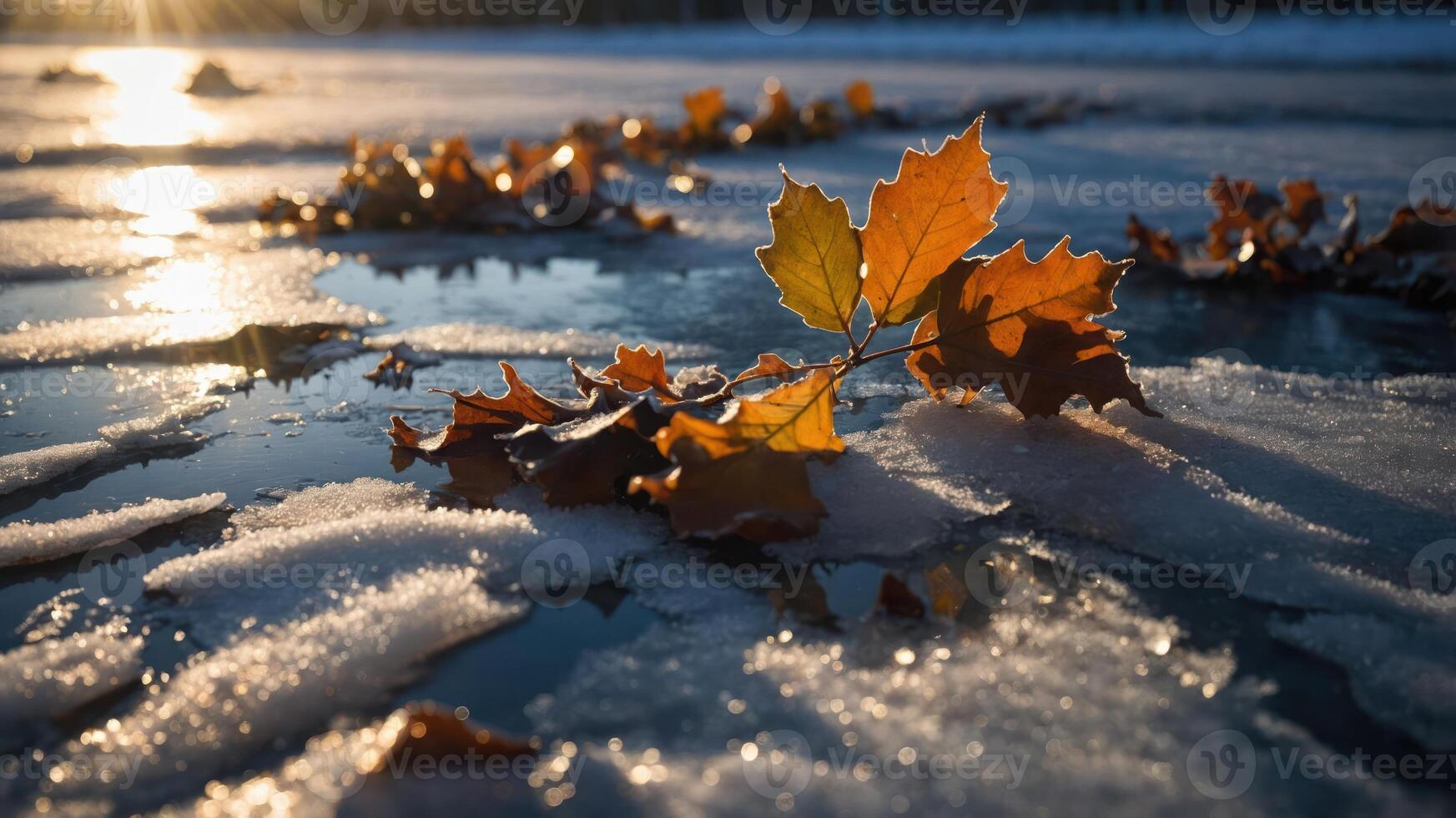 Autumn leaves resting on ice, illuminated by sunlight, creating a serene winter scene. photo