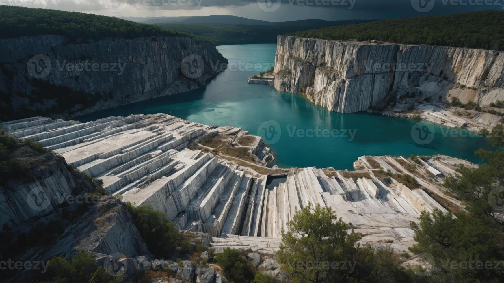 A serene landscape featuring a turquoise river surrounded by marble quarries and cliffs. photo