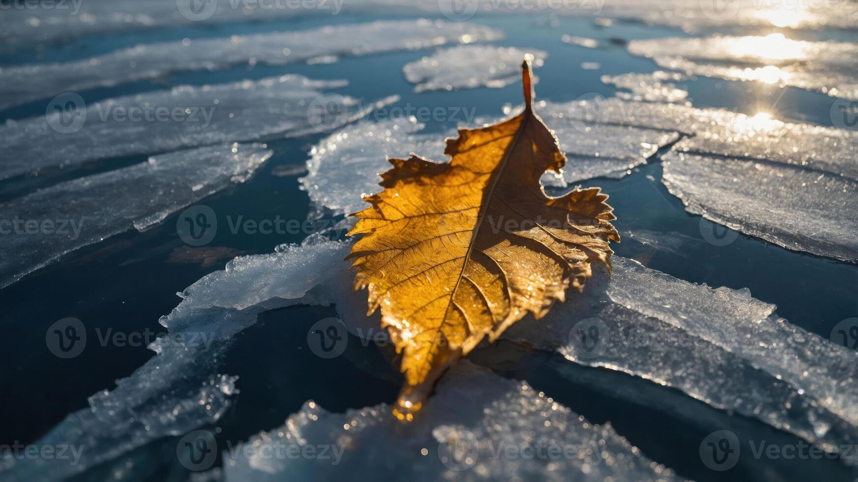 A golden leaf rests on a frozen surface, contrasting with the ice and reflecting sunlight. photo