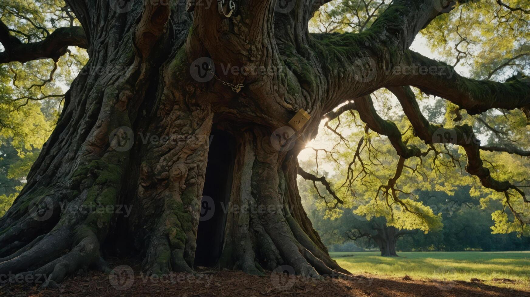 A majestic tree with a hollow trunk and sprawling branches, illuminated by sunlight. photo