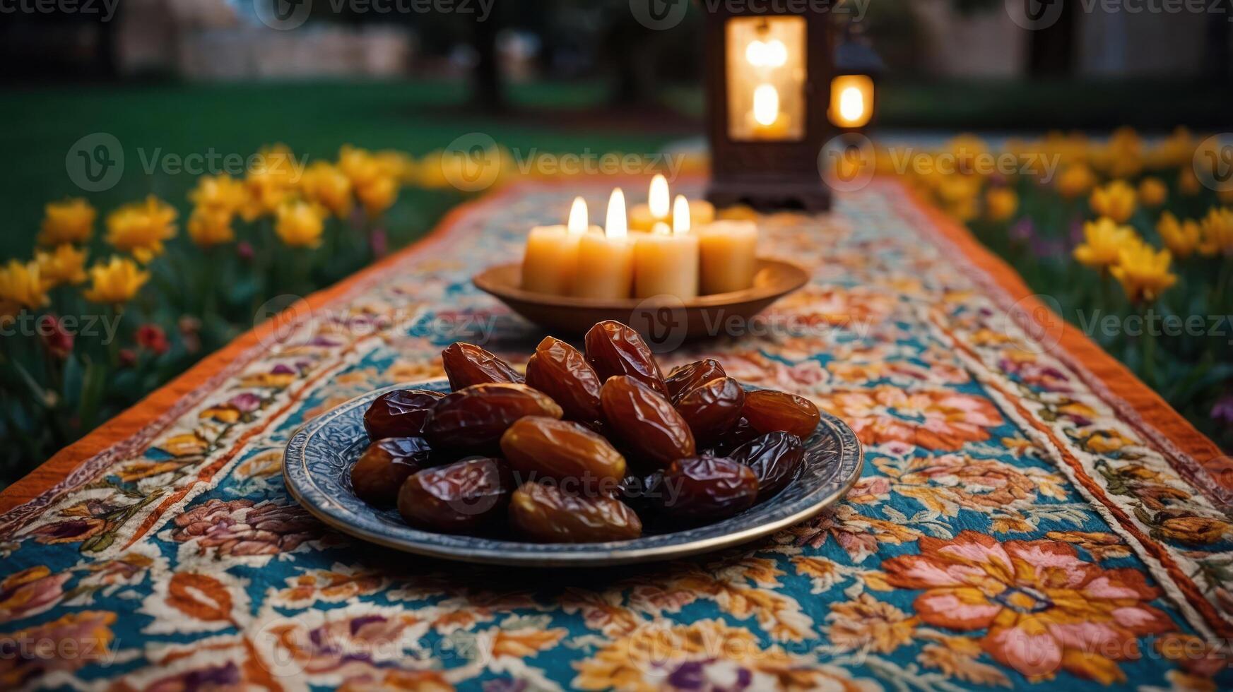 A beautifully arranged table with dates, candles, and flowers, creating a serene atmosphere. photo