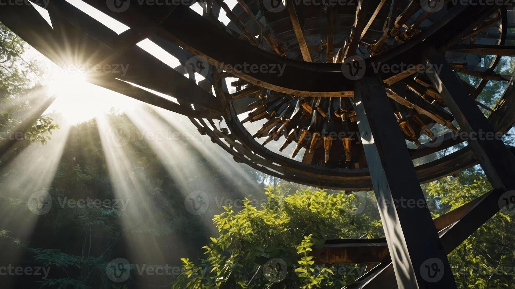 Sunlight filters through a wooden structure in a lush, green environment. photo