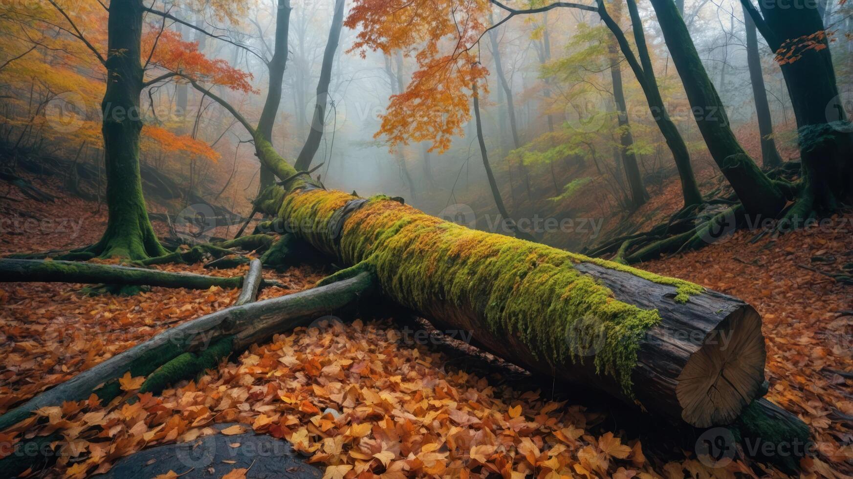A serene forest scene with a moss-covered log amidst autumn foliage and fog. photo