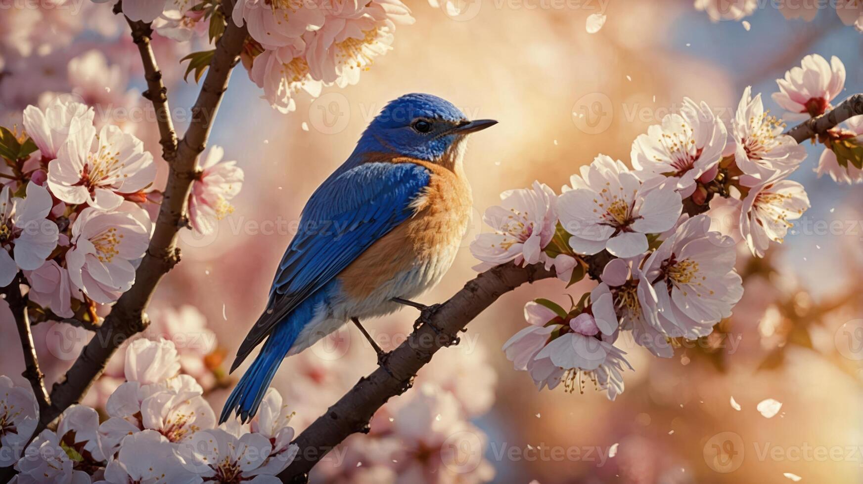 A vibrant bluebird perched on a cherry blossom branch, surrounded by soft, warm light. photo