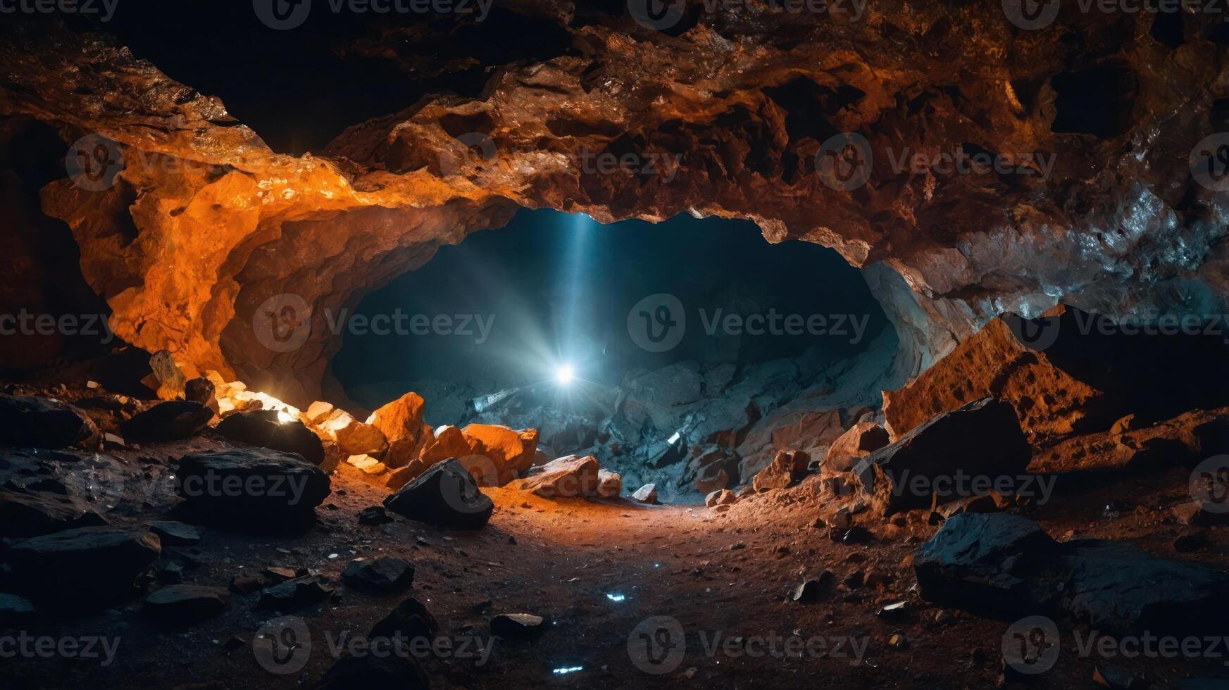 A captivating cave interior illuminated by beams of light, showcasing rugged rock formations. photo
