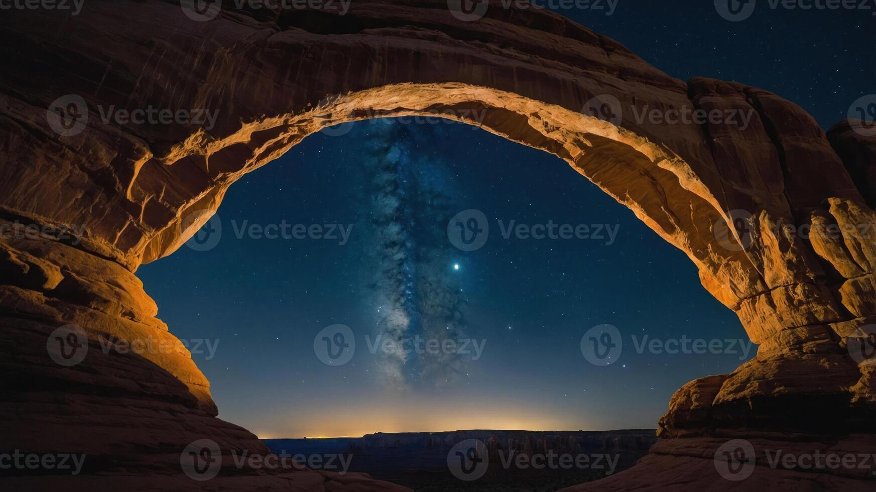 A stunning night view of an arch with the Milky Way visible in the background. photo