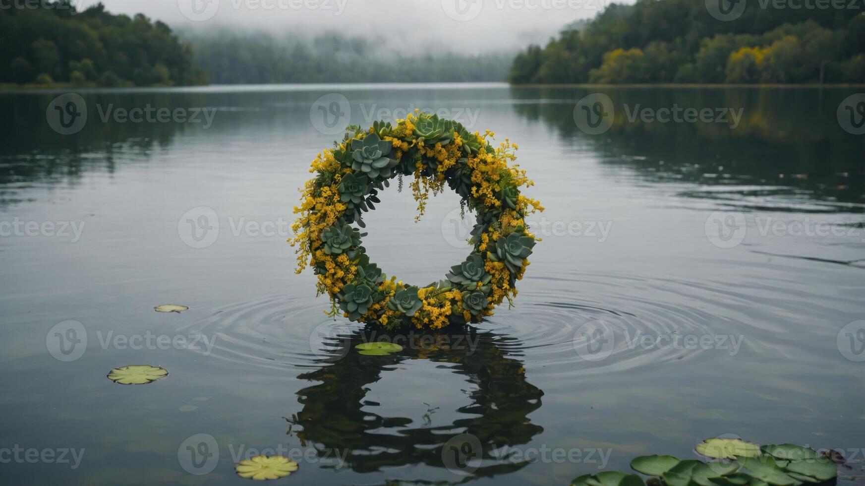A floral wreath floats on calm water, surrounded by lush greenery and misty hills. photo