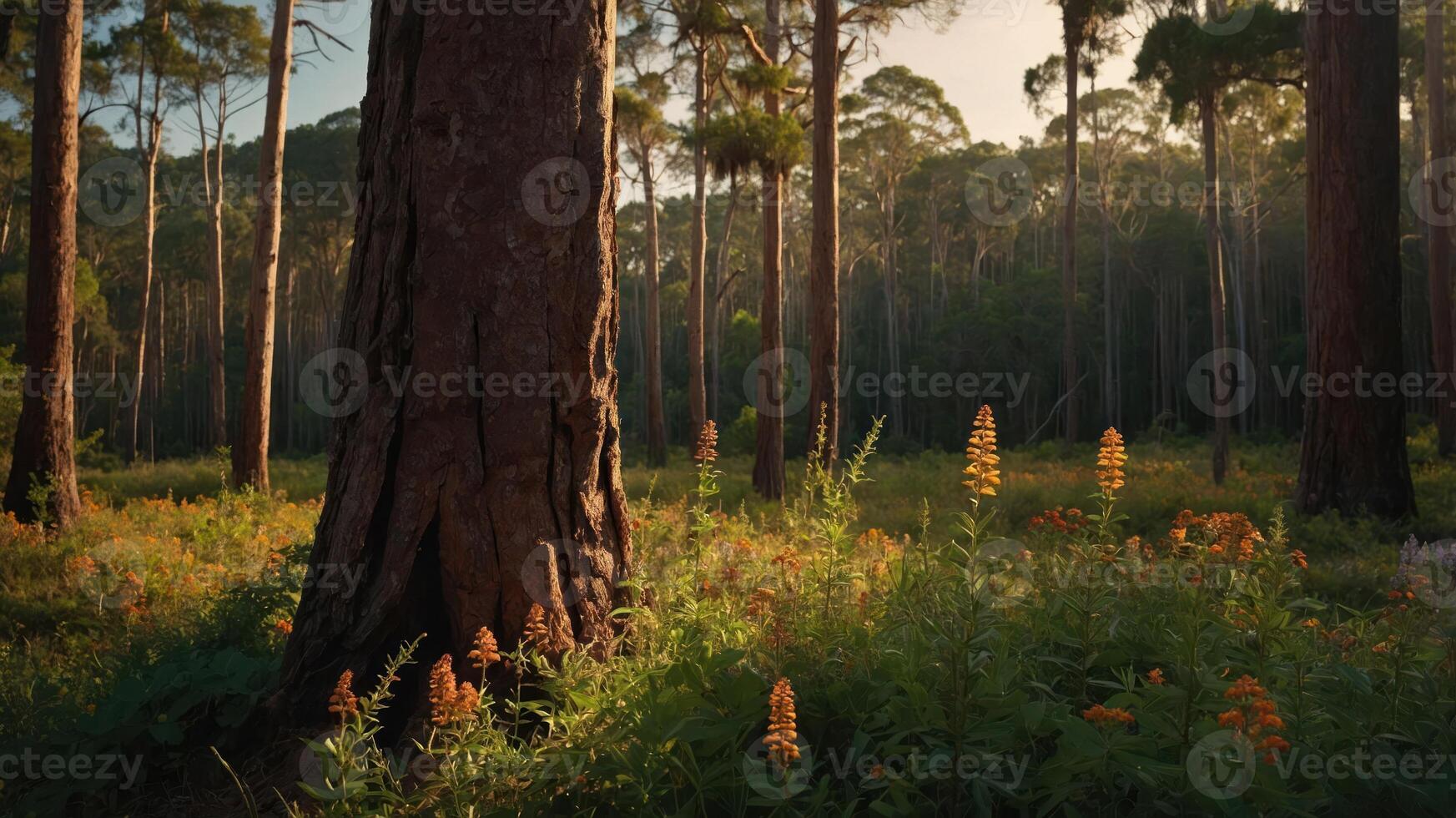 A serene forest scene with tall trees and vibrant wildflowers in a sunlit clearing. photo