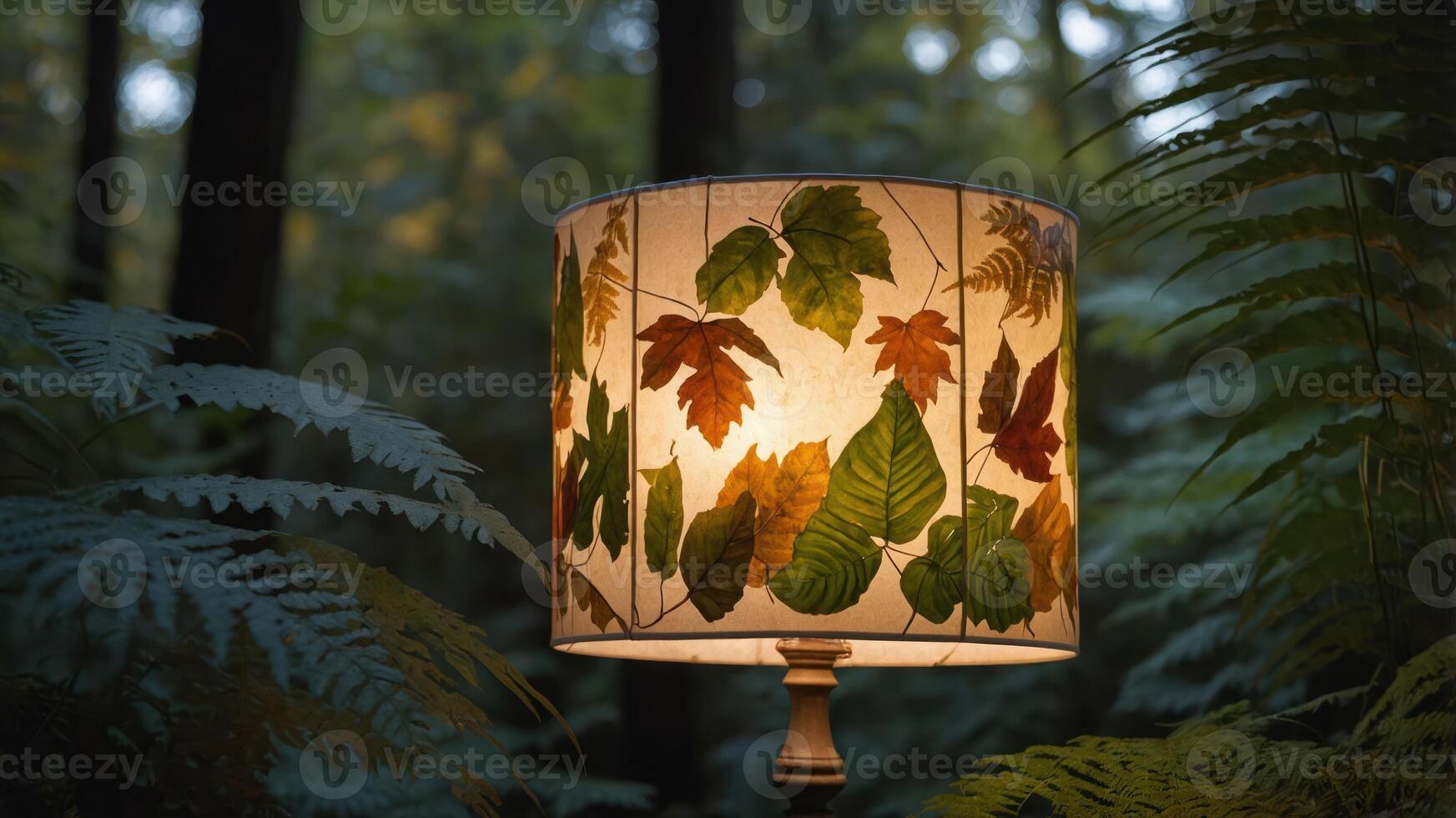 A decorative lamp featuring a shade adorned with colorful leaves, set in a forest environment. photo
