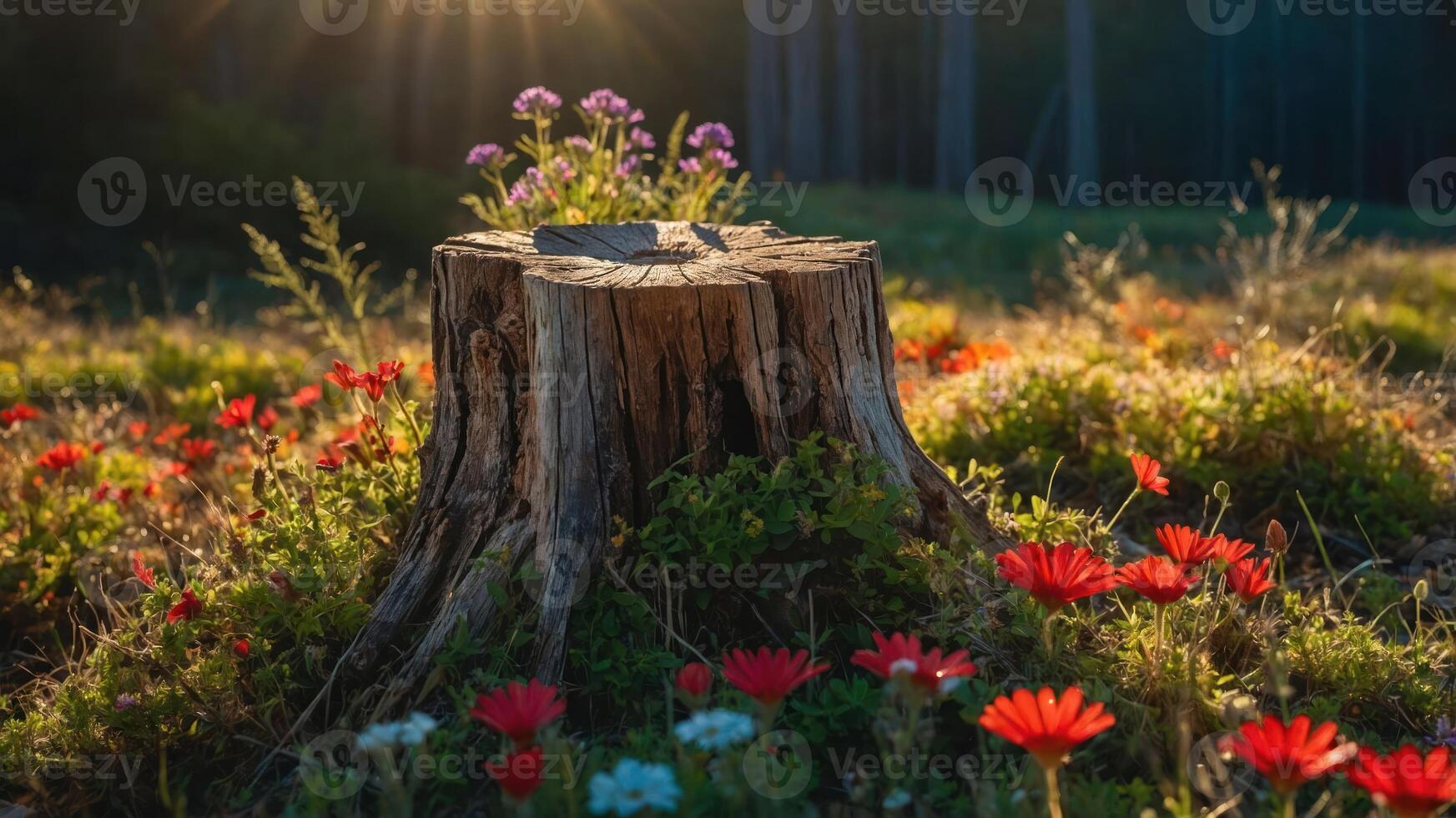 A vibrant forest scene with a tree stump surrounded by colorful flowers and sunlight. photo