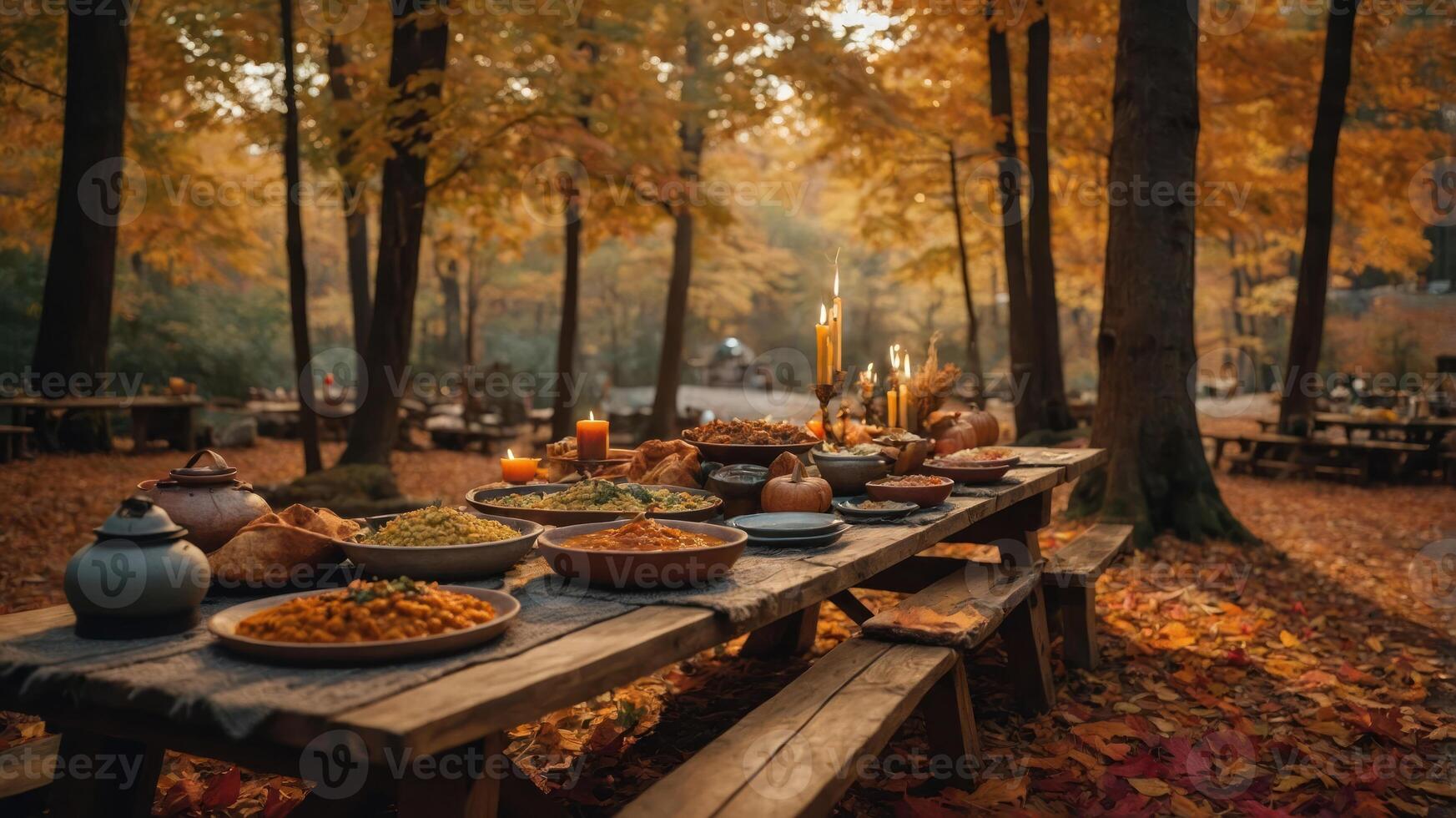 A rustic outdoor feast amidst autumn foliage, showcasing a variety of delicious dishes. photo