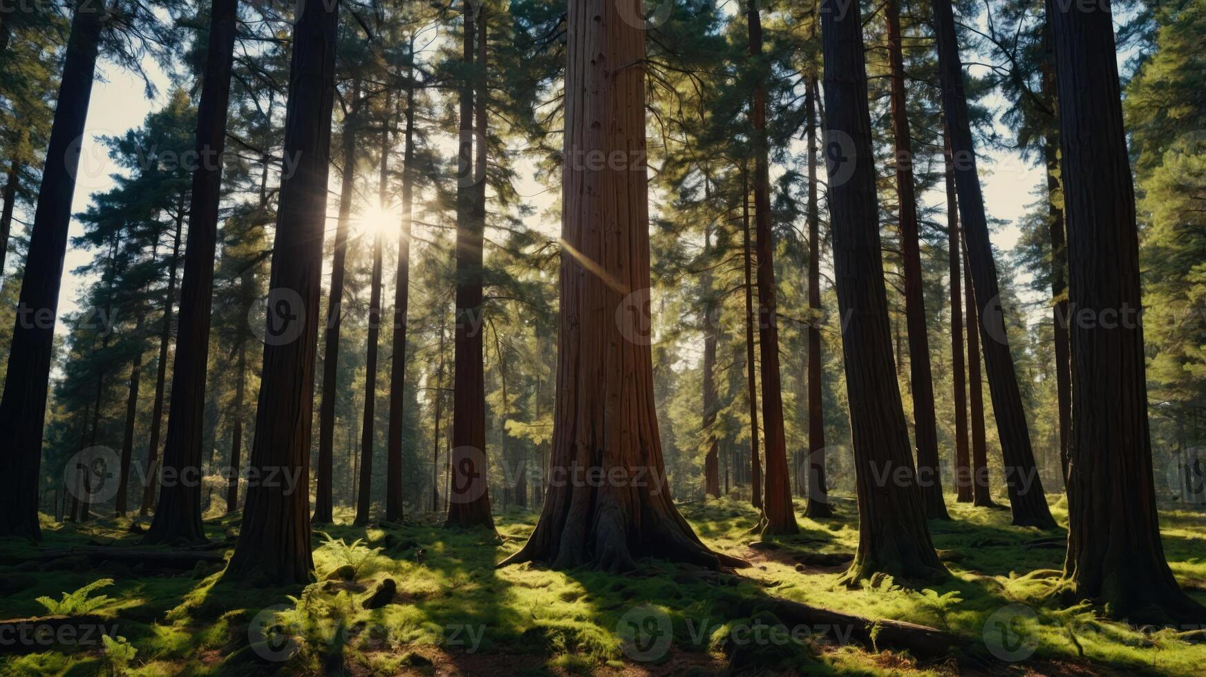 A serene forest scene with tall trees and sunlight filtering through the foliage. photo