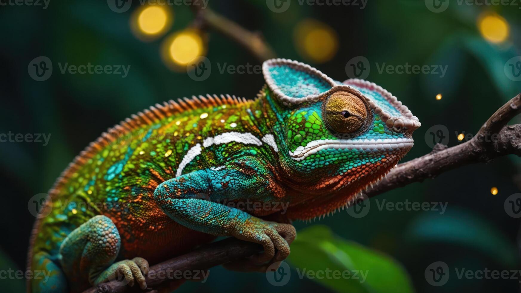 A vibrant chameleon resting on a branch amidst a lush, illuminated background. photo