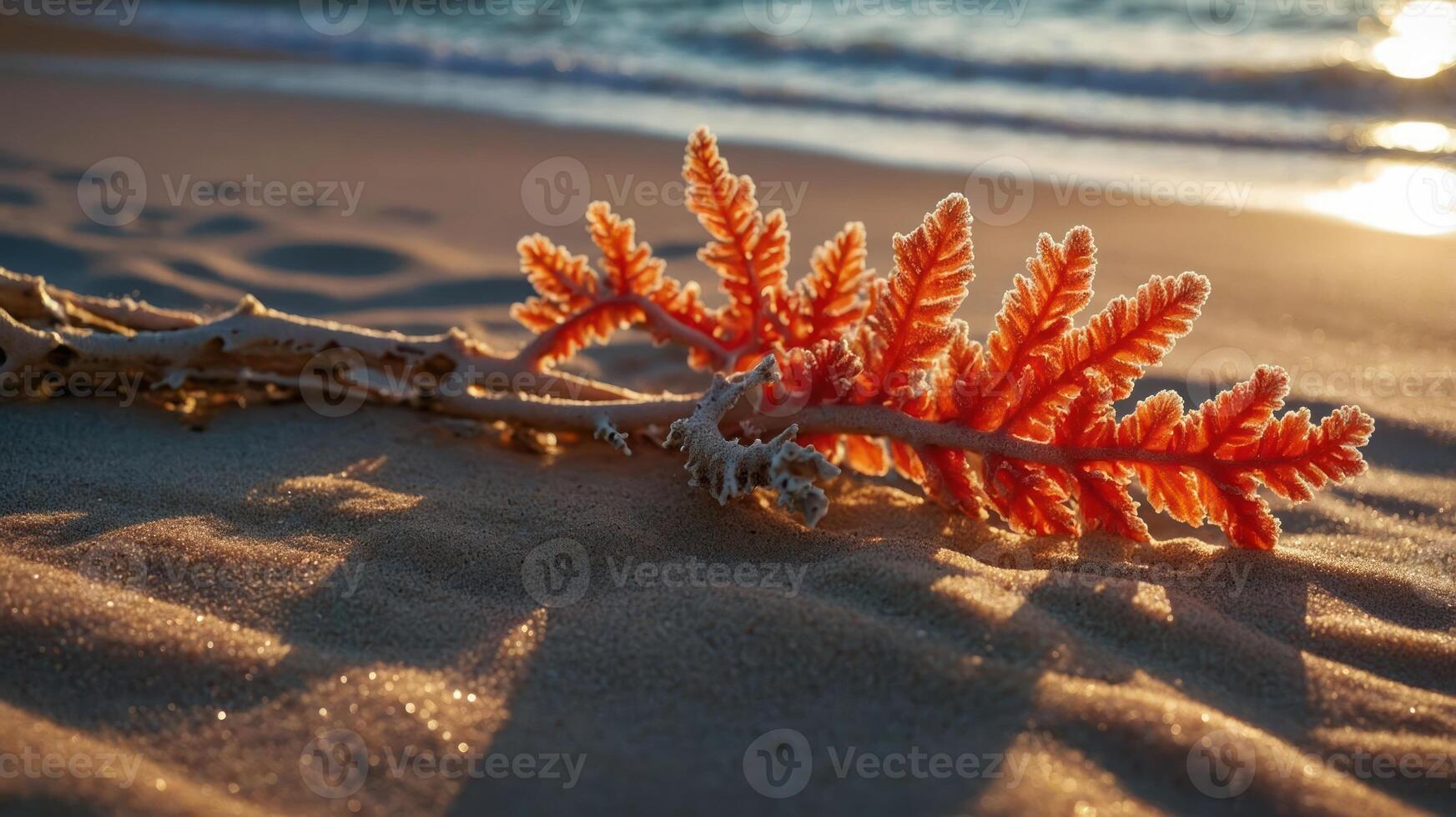 A vibrant coral branch resting on sandy beach, illuminated by soft sunlight. photo
