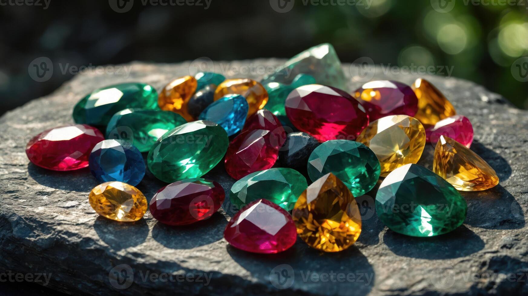 A collection of colorful gemstones displayed on a stone surface. photo