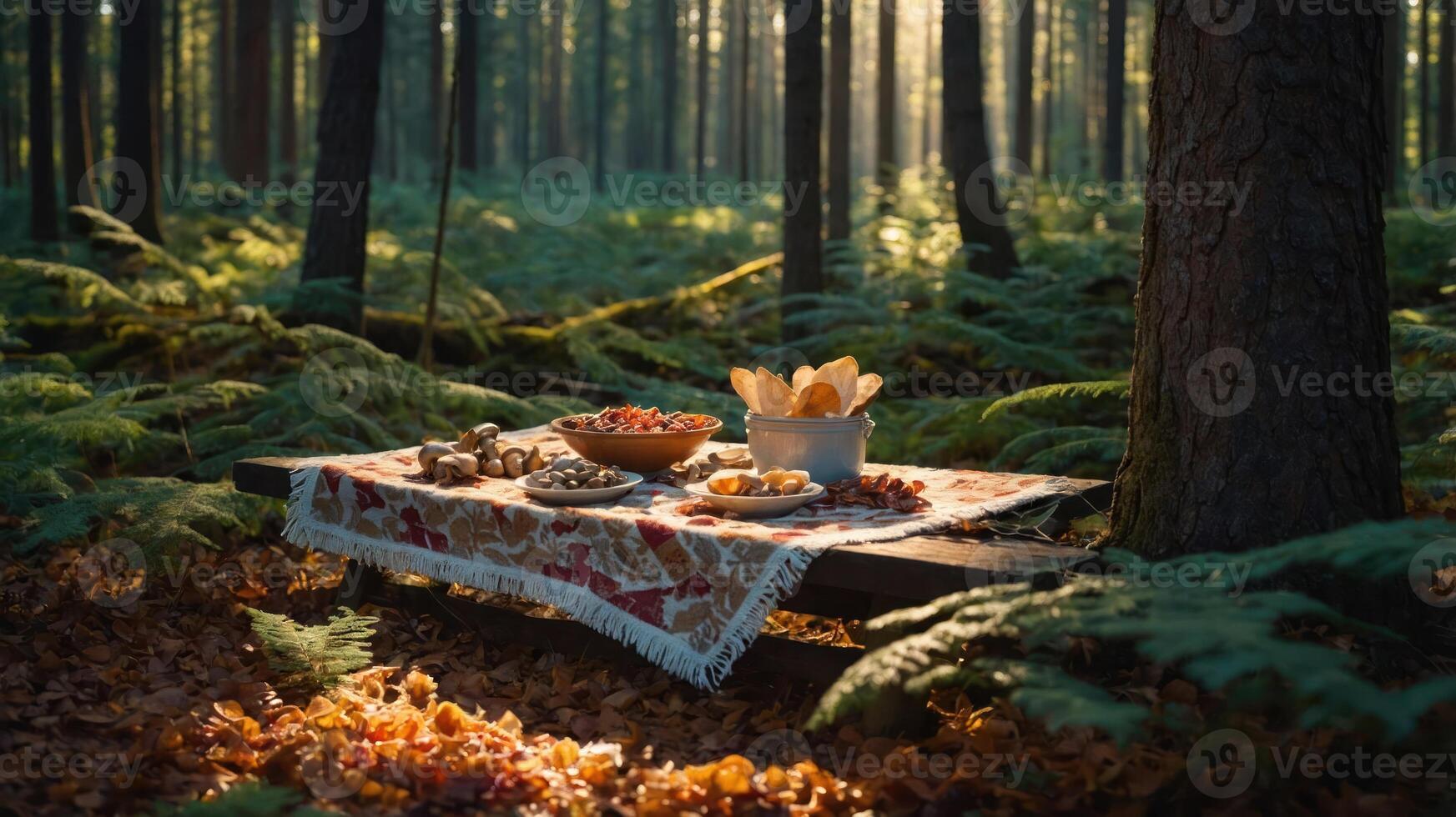 A serene picnic setup in a forest, showcasing a variety of foods on a table. photo