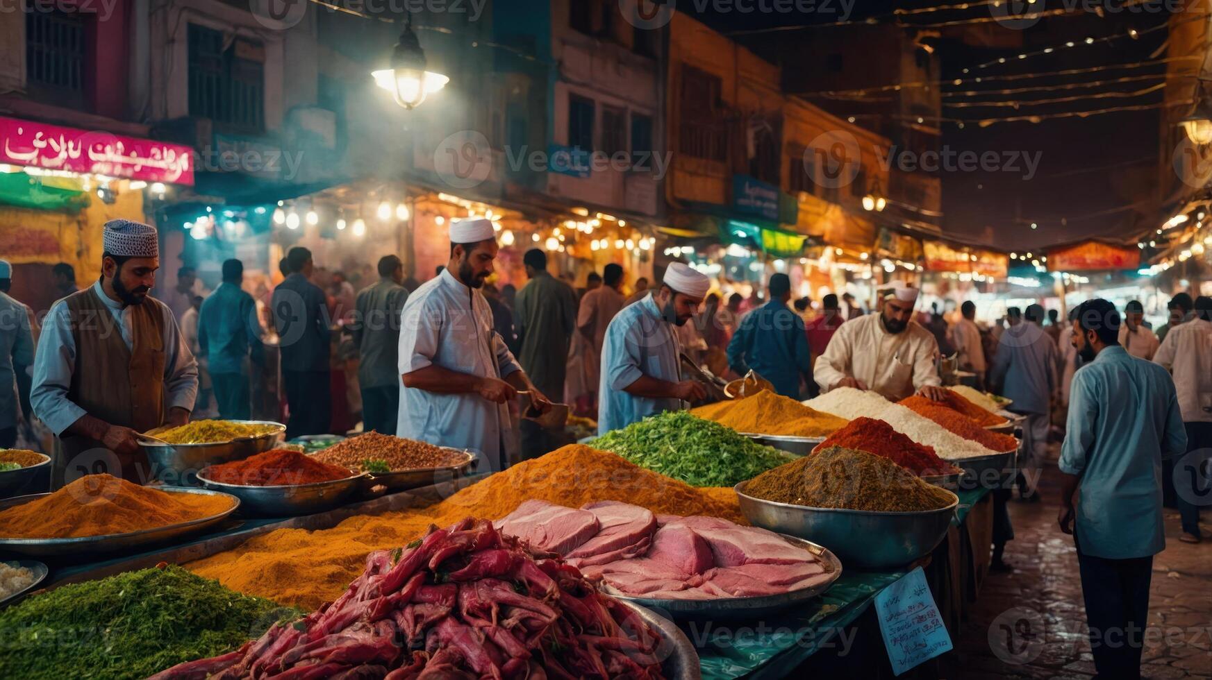 A bustling market scene filled with vibrant spices and people engaging in trade. photo