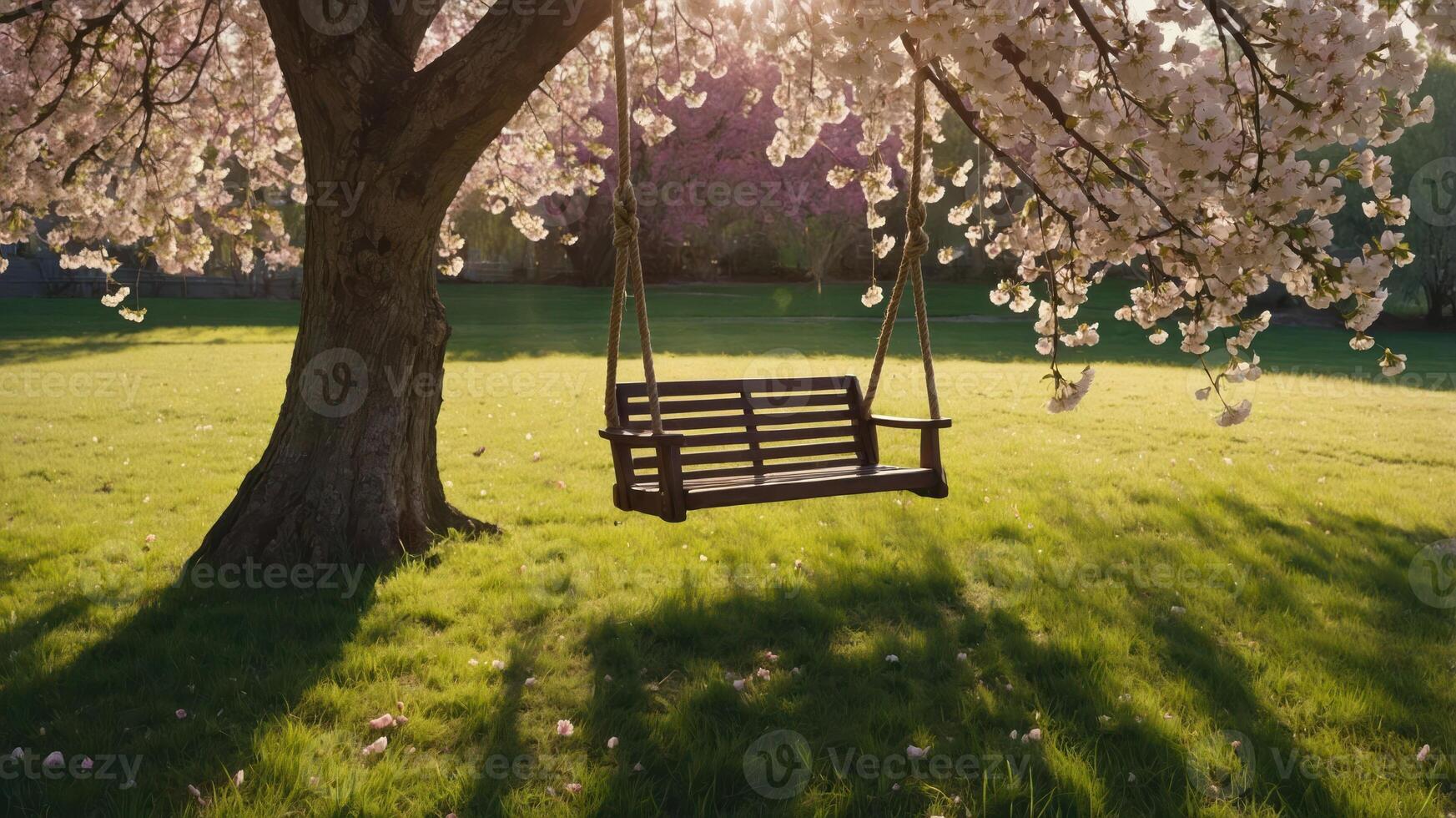A serene swing hanging from a blossoming tree in a lush green field. photo