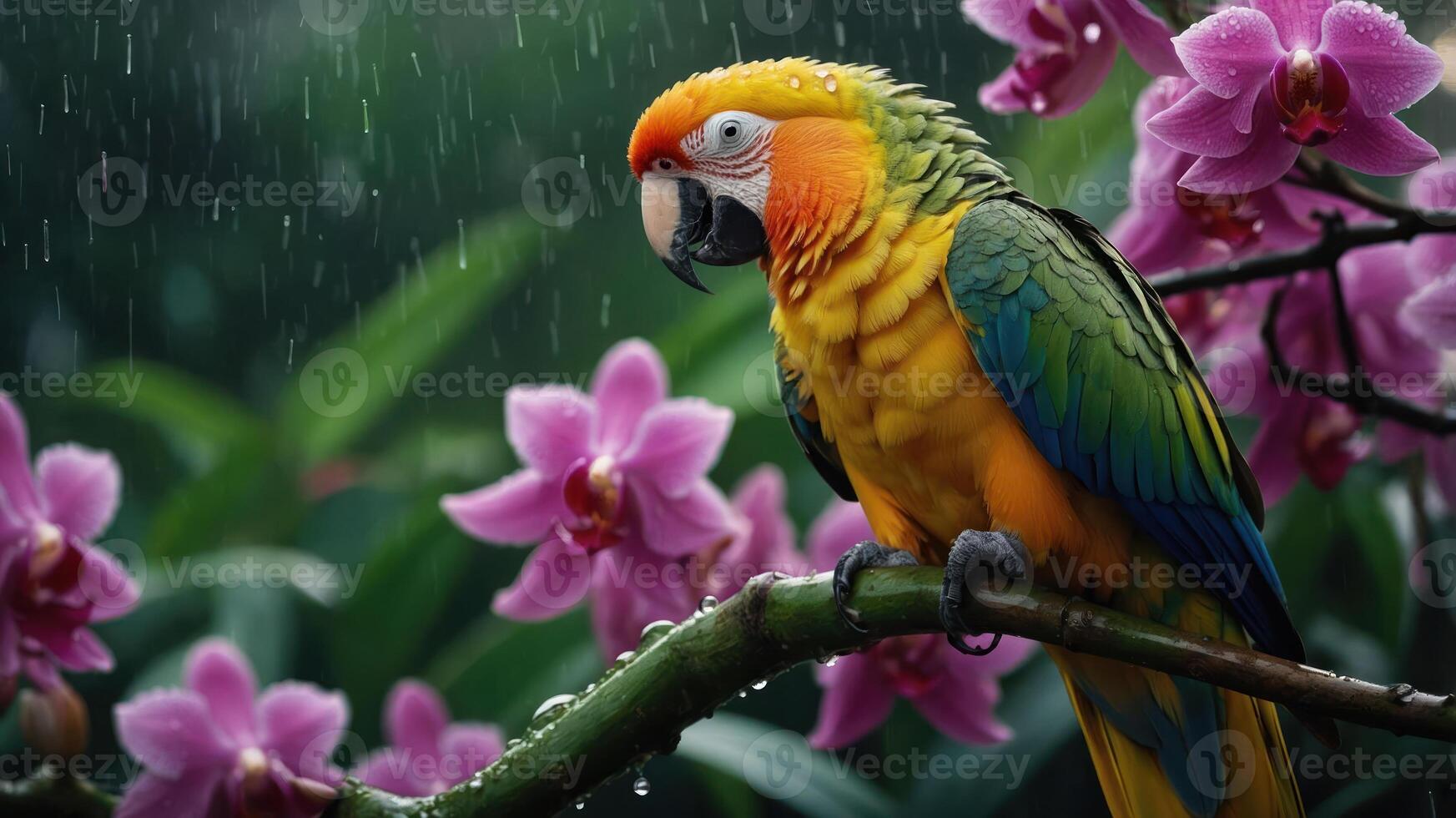A vibrant parrot perched on a branch amidst blooming orchids in a rainy environment. photo