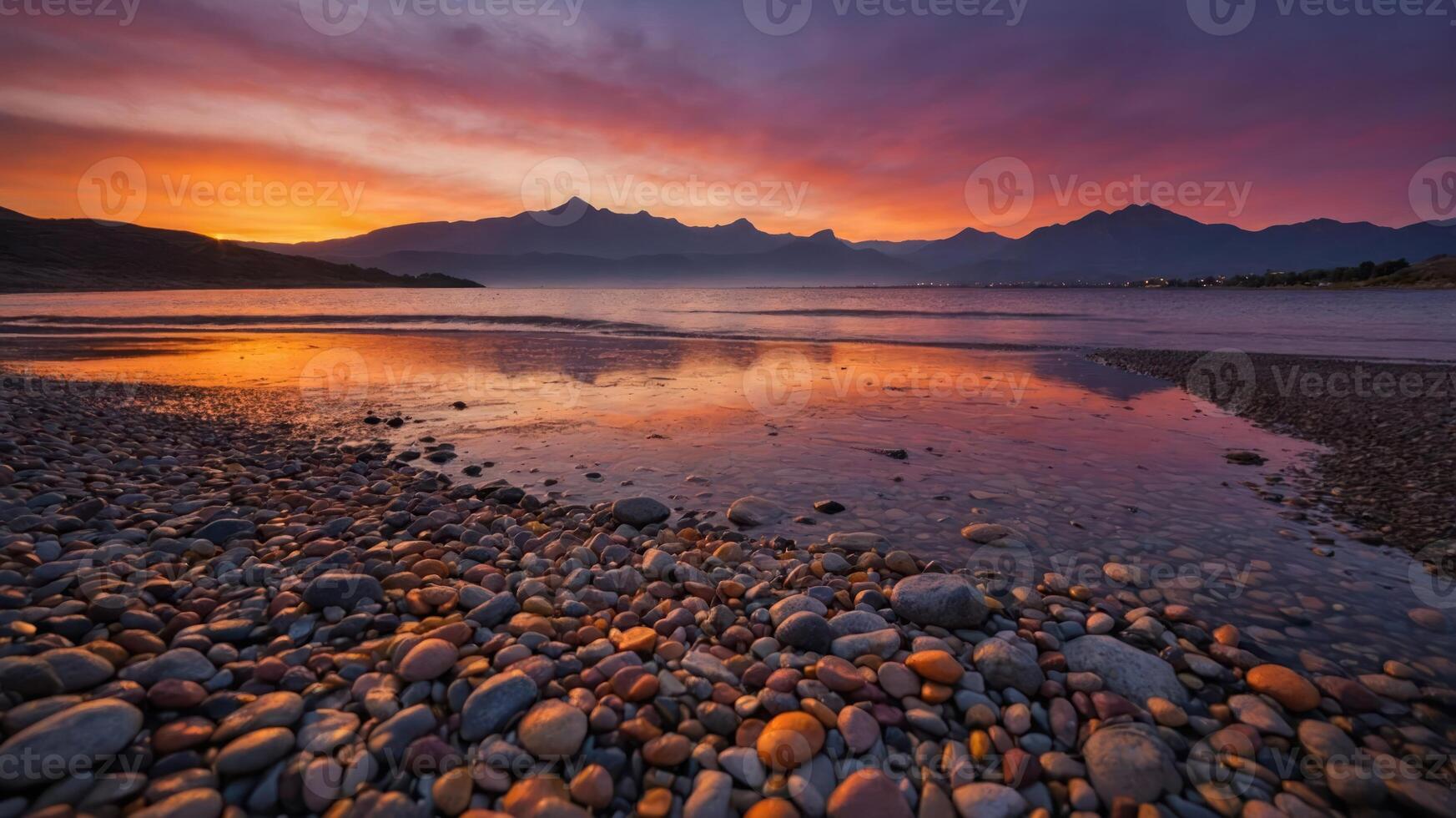 A serene sunset over a rocky beach with mountains in the background reflecting in the water. photo