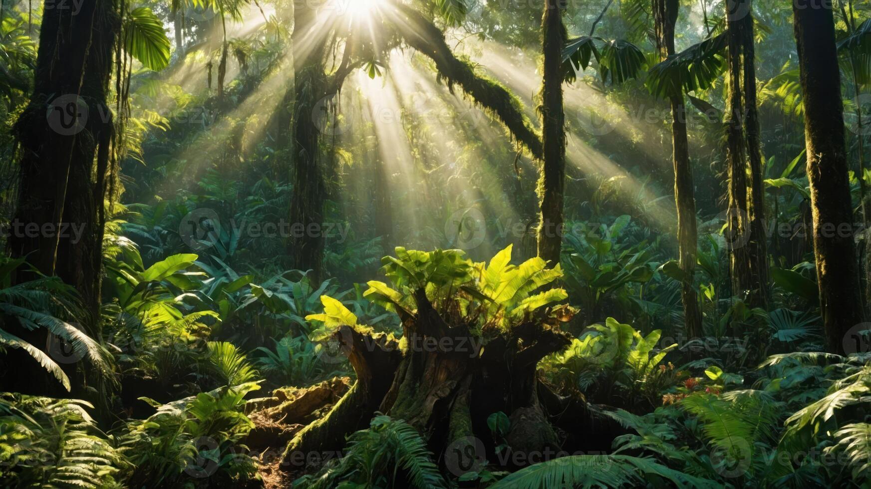 A serene forest scene with sunlight streaming through trees, illuminating lush ferns. photo