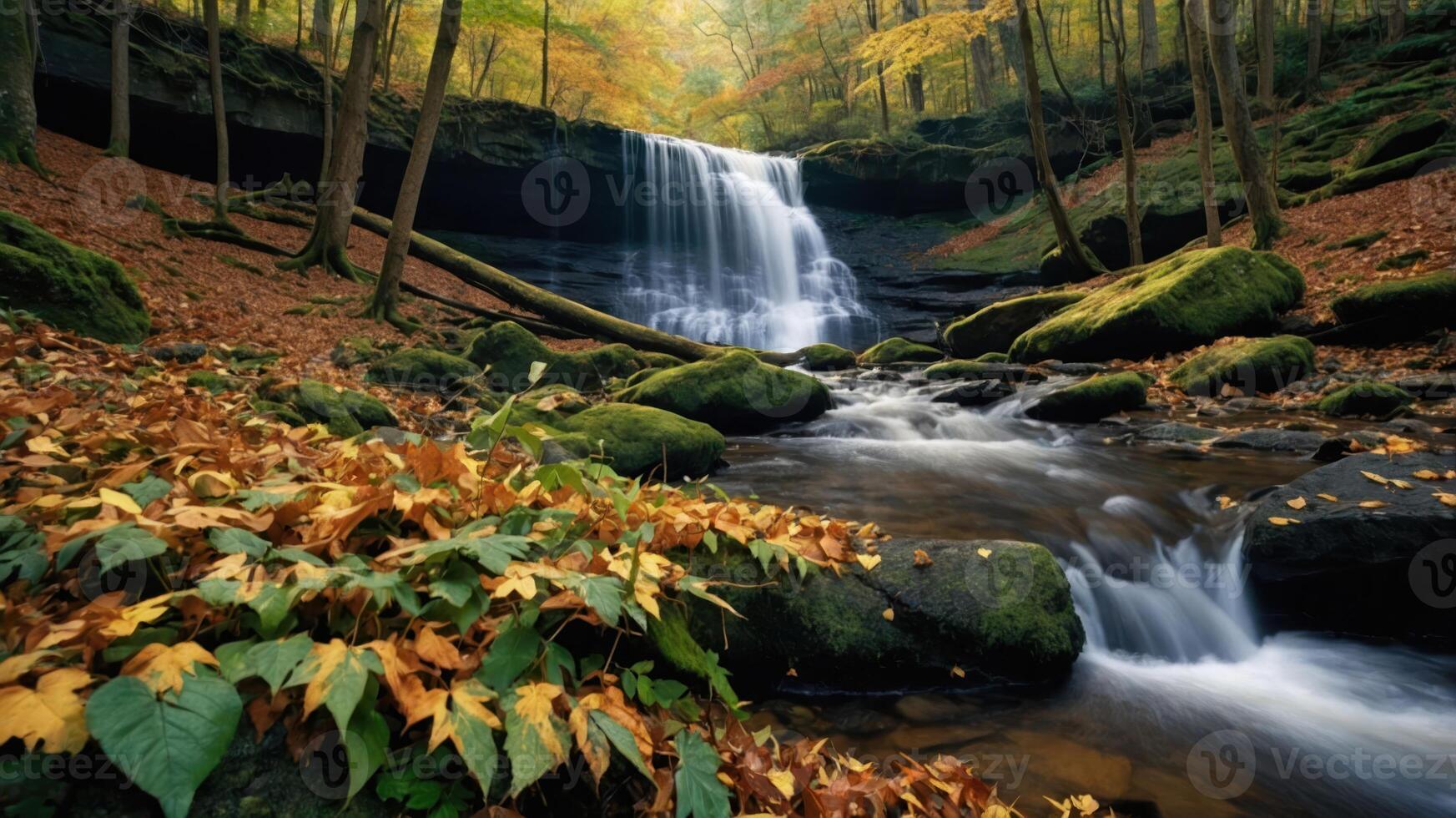 A serene waterfall cascading through a vibrant autumn forest, surrounded by colorful foliage. photo
